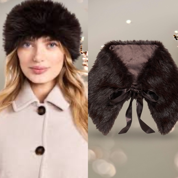 NWTS🌹THE OCCASION OS🌹LUXURIOUS BLACK FAUX FUR STOLE HEADBAND GLOVES SET - Picture 2 of 10